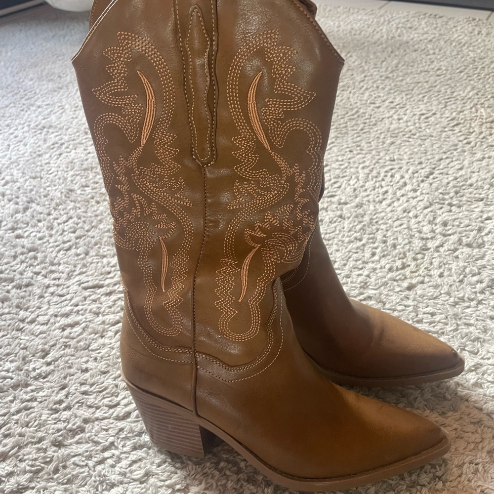 Sun + Stone Brown Heeled Boots with Western Stitching
